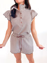 Brown gingham top with scalloped flutter sleeves