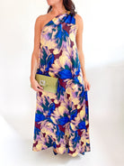 Floral pleated maxi dress with one-shoulder neckline