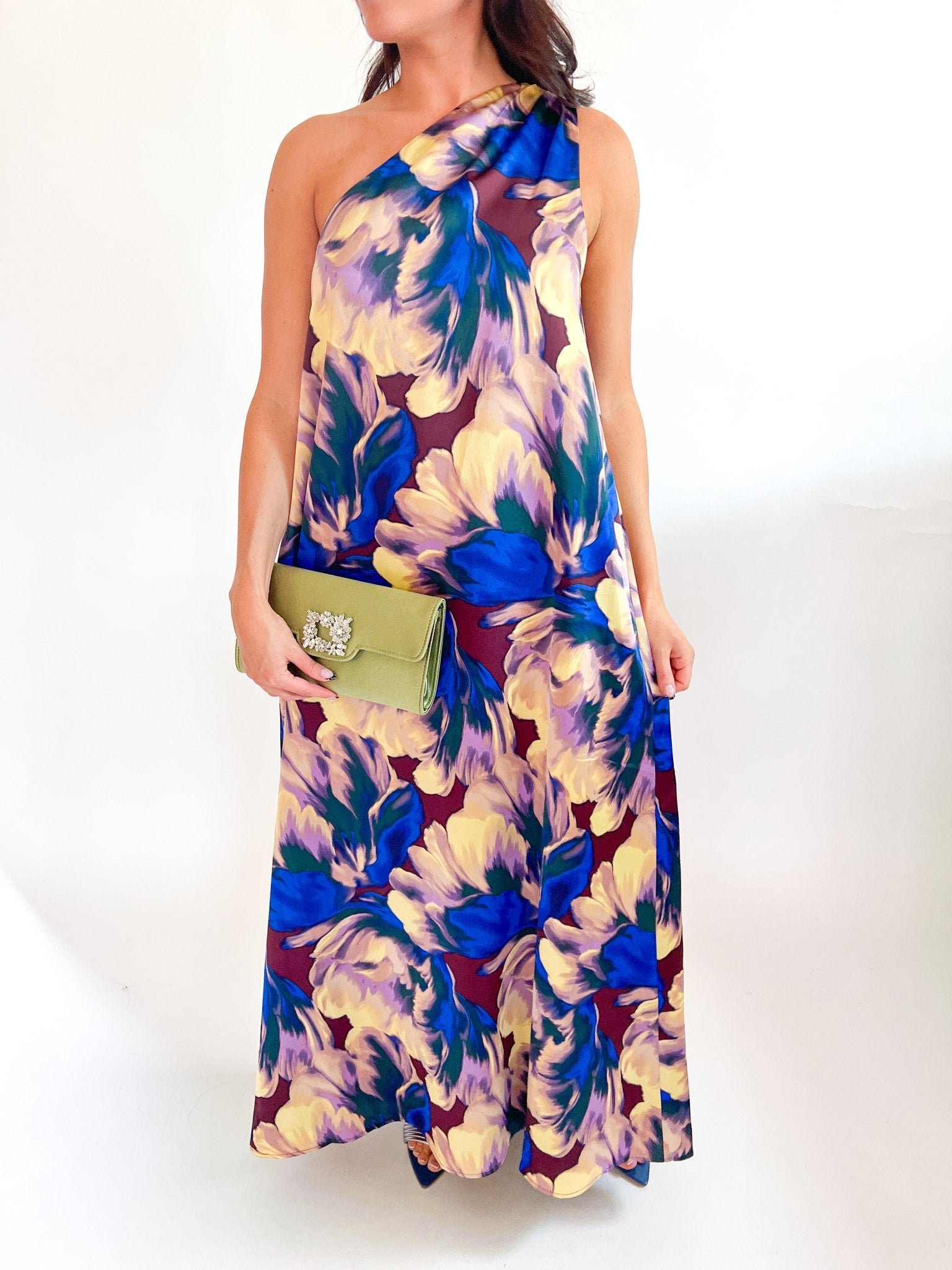 Floral pleated maxi dress with one-shoulder neckline