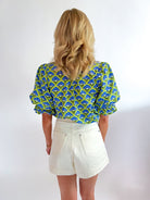Green Geometric Puff Sleeve Top - Swoon Boutique New Orleans