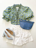 Green Geometric Puff Sleeve Top - Swoon Boutique New Orleans