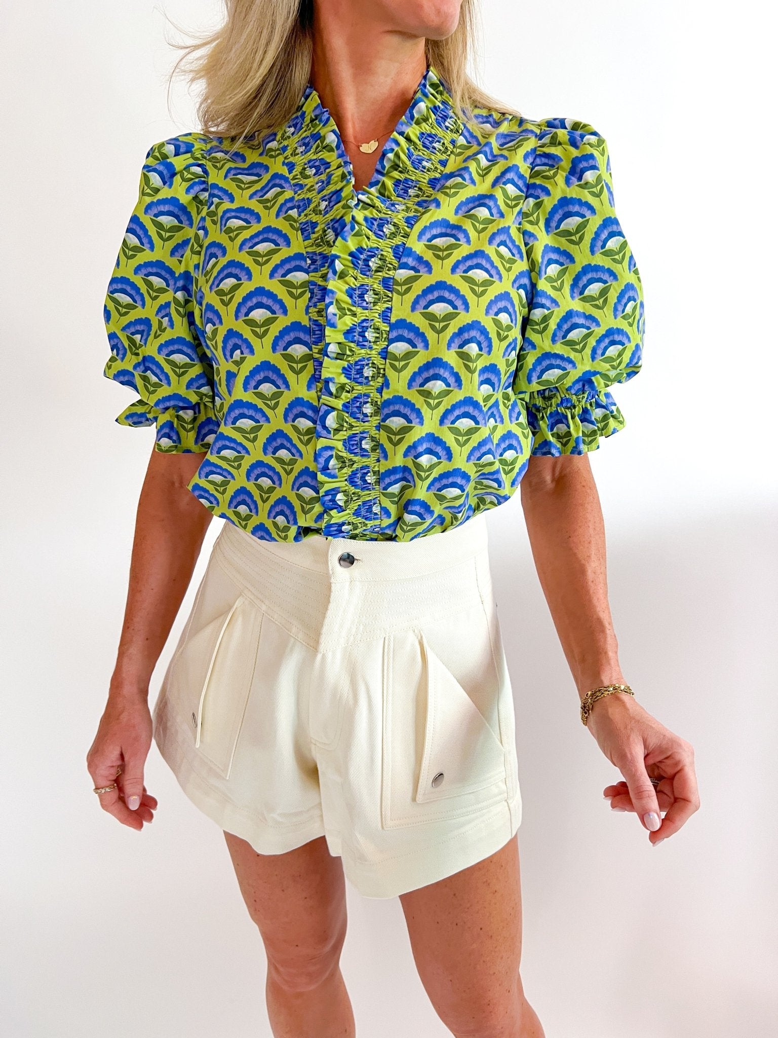 Green Geometric Puff Sleeve Top by ENTRO with voluminous puff sleeves and smocked trim