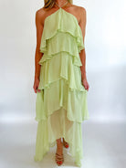 Green halter neck maxi dress with tiered ruffles