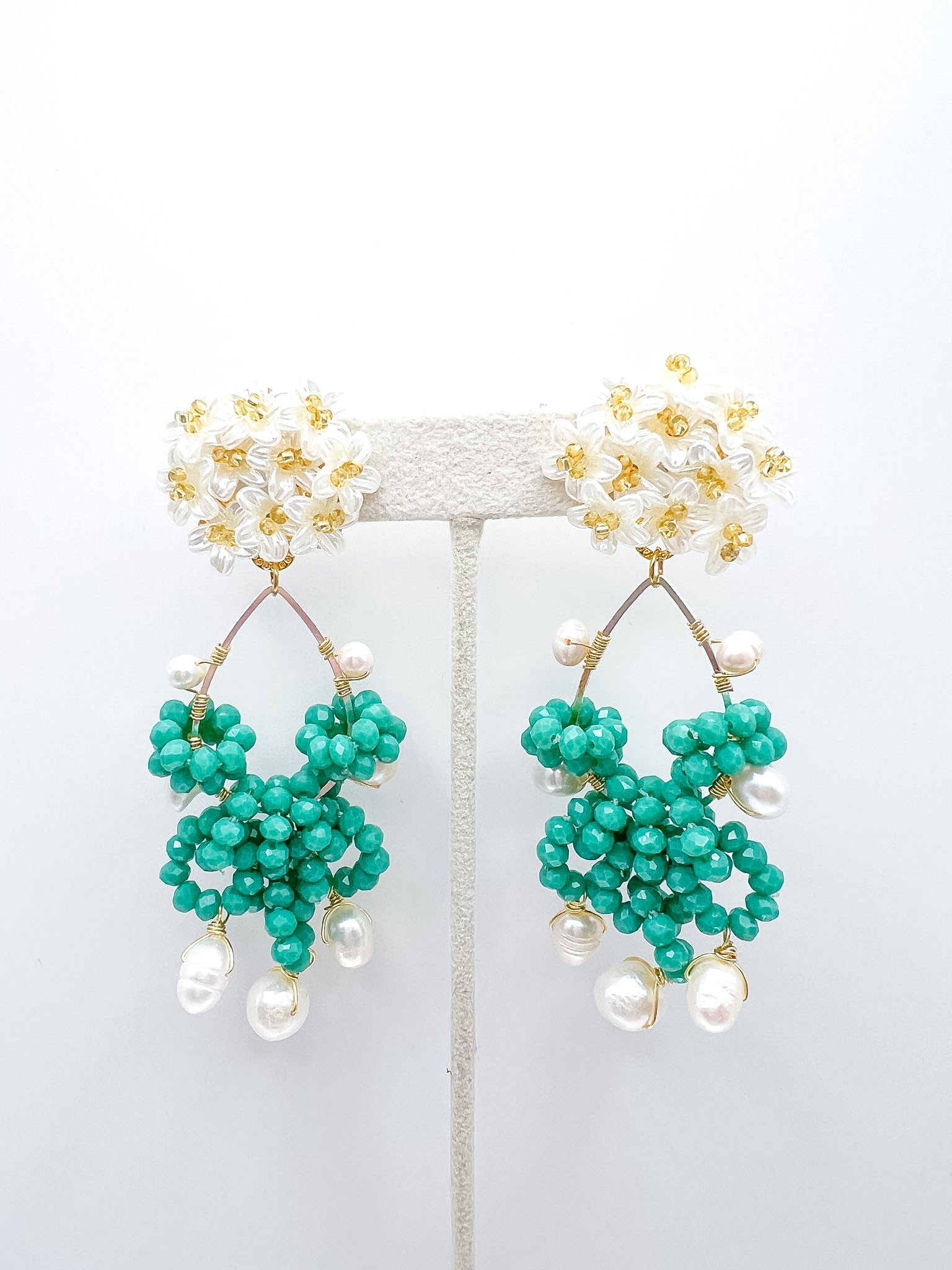 Handcrafted Turquoise Beaded Flower Earrings with Pearl Dangles - Swoon Boutique New Orleans