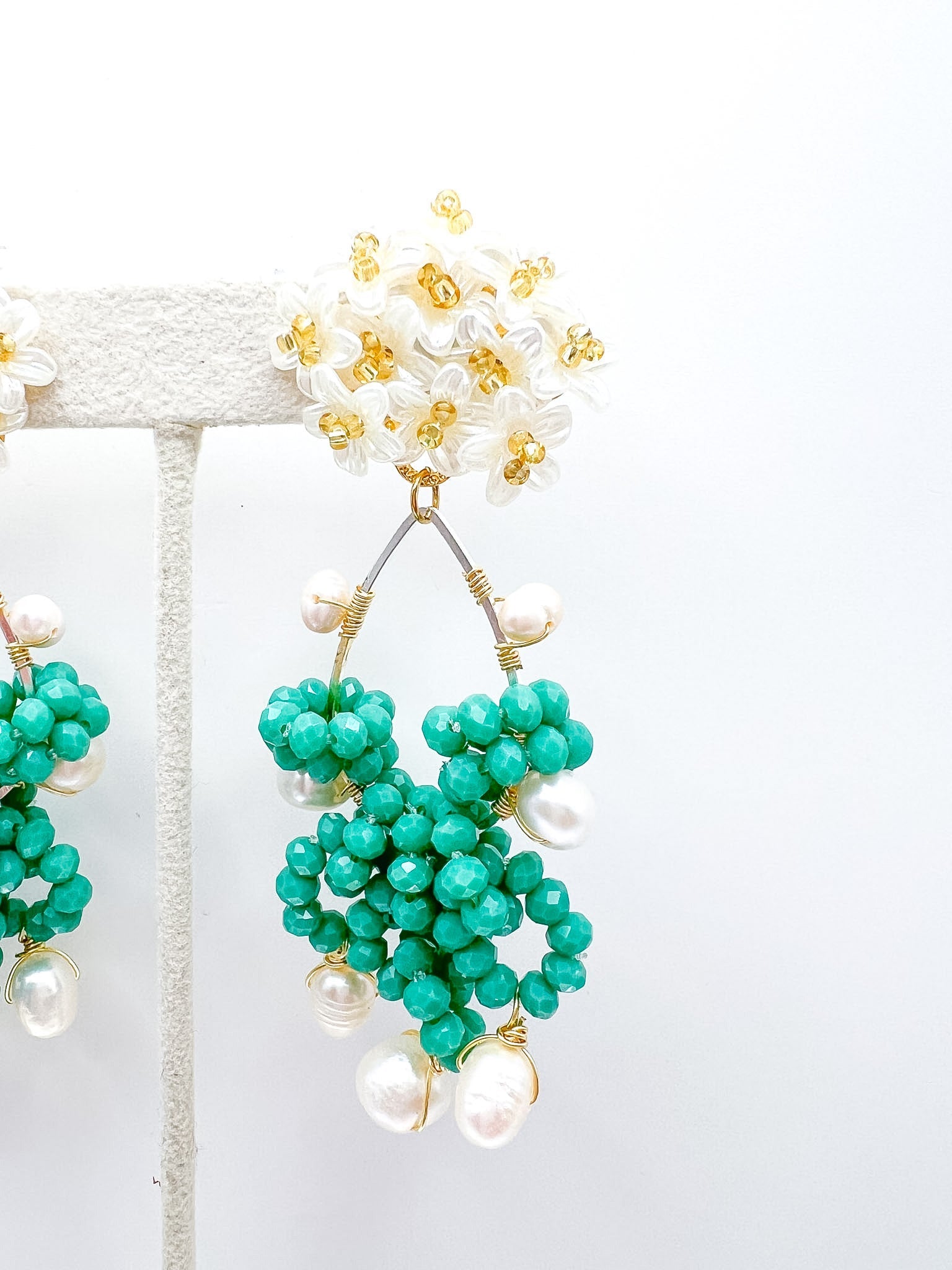 Handcrafted Turquoise Beaded Flower Earrings with Pearl Dangles - Swoon Boutique New Orleans