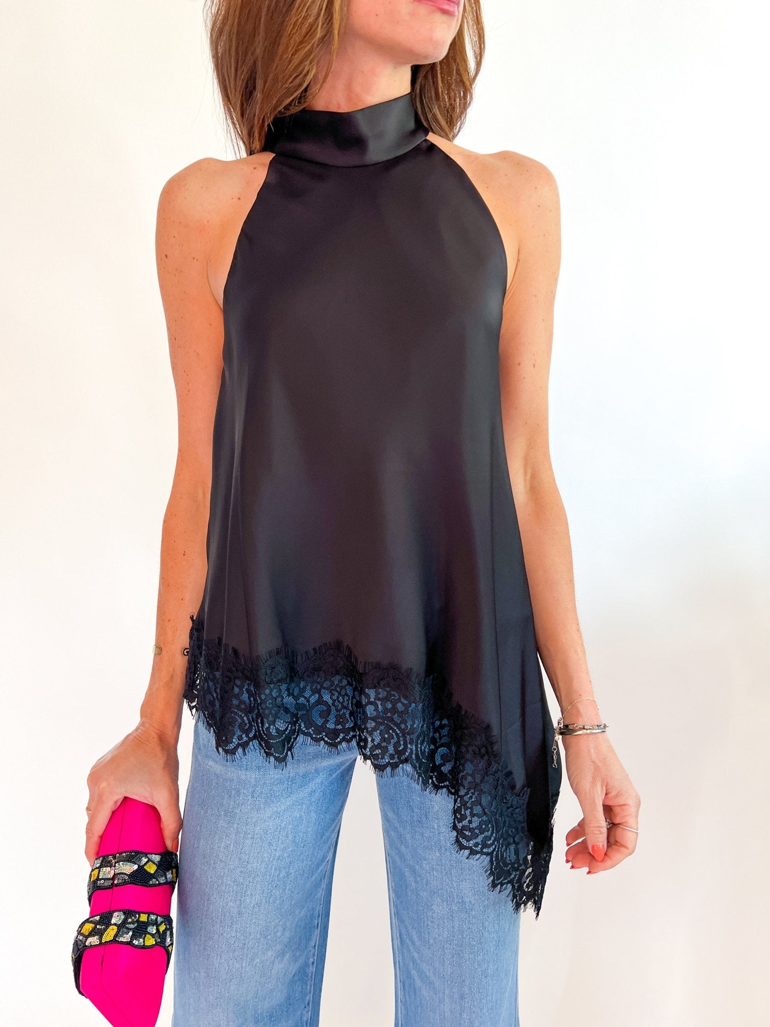 High Neck Asymmetric Lace Top - Swoon Boutique New Orleans