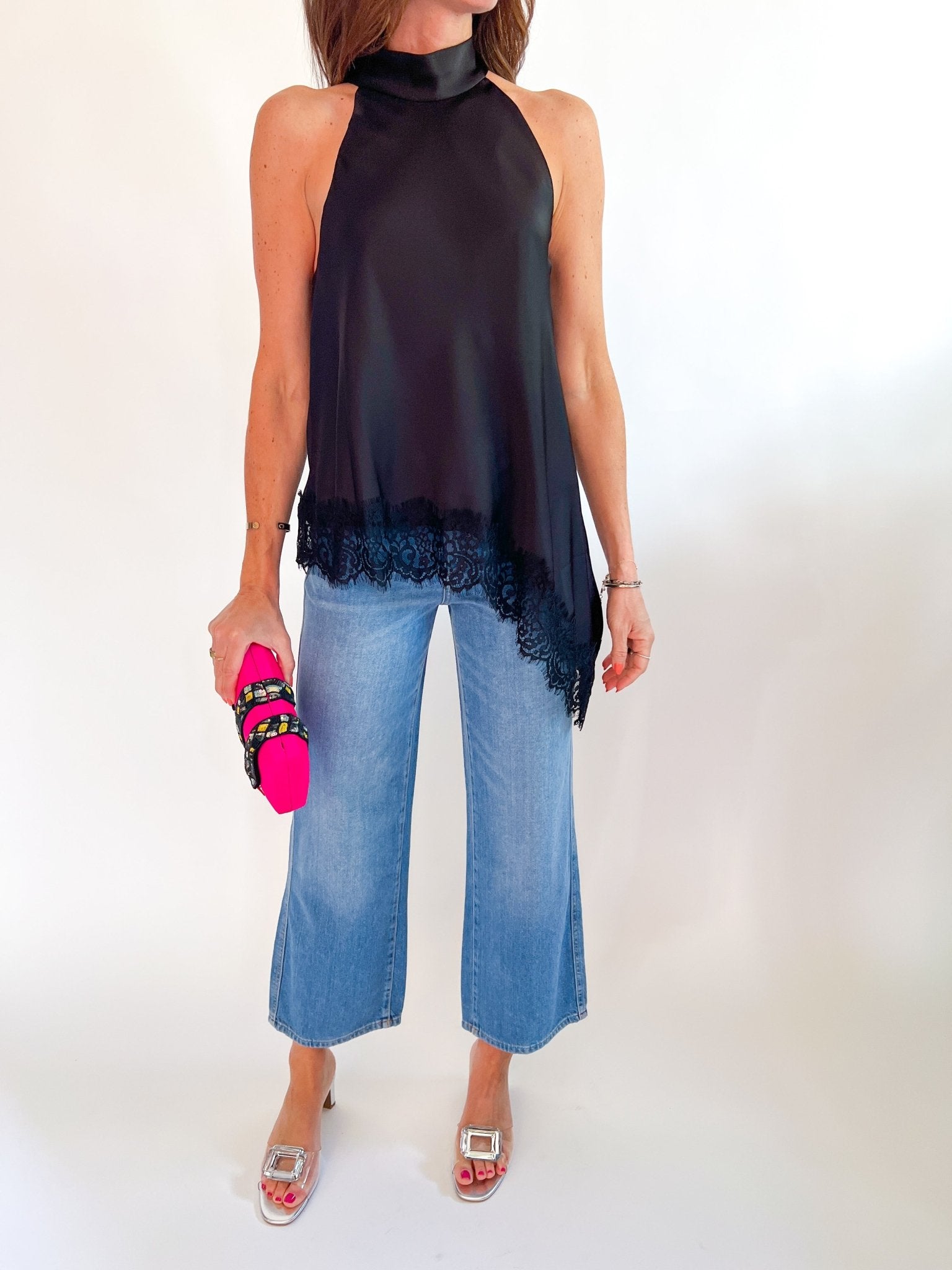High Neck Asymmetric Lace Top - Swoon Boutique New Orleans
