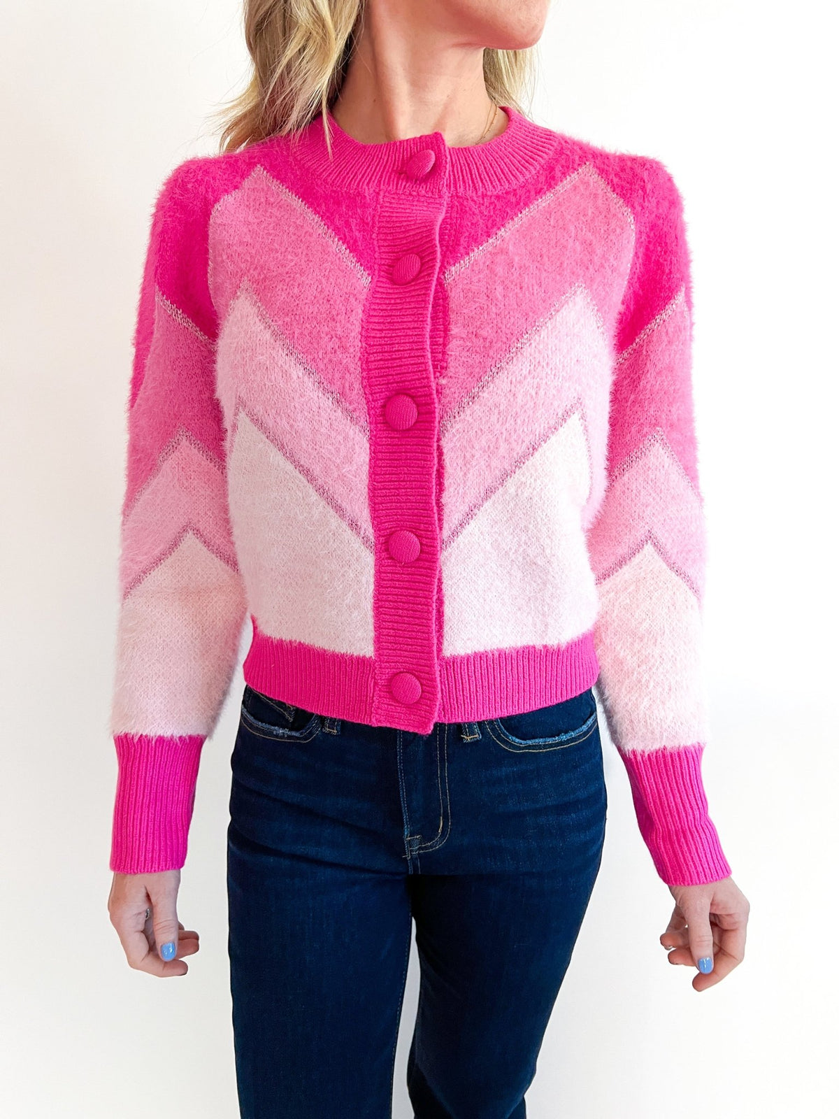 Hot Pink Fuzzy Chevron Sweater - Swoon Boutique New Orleans