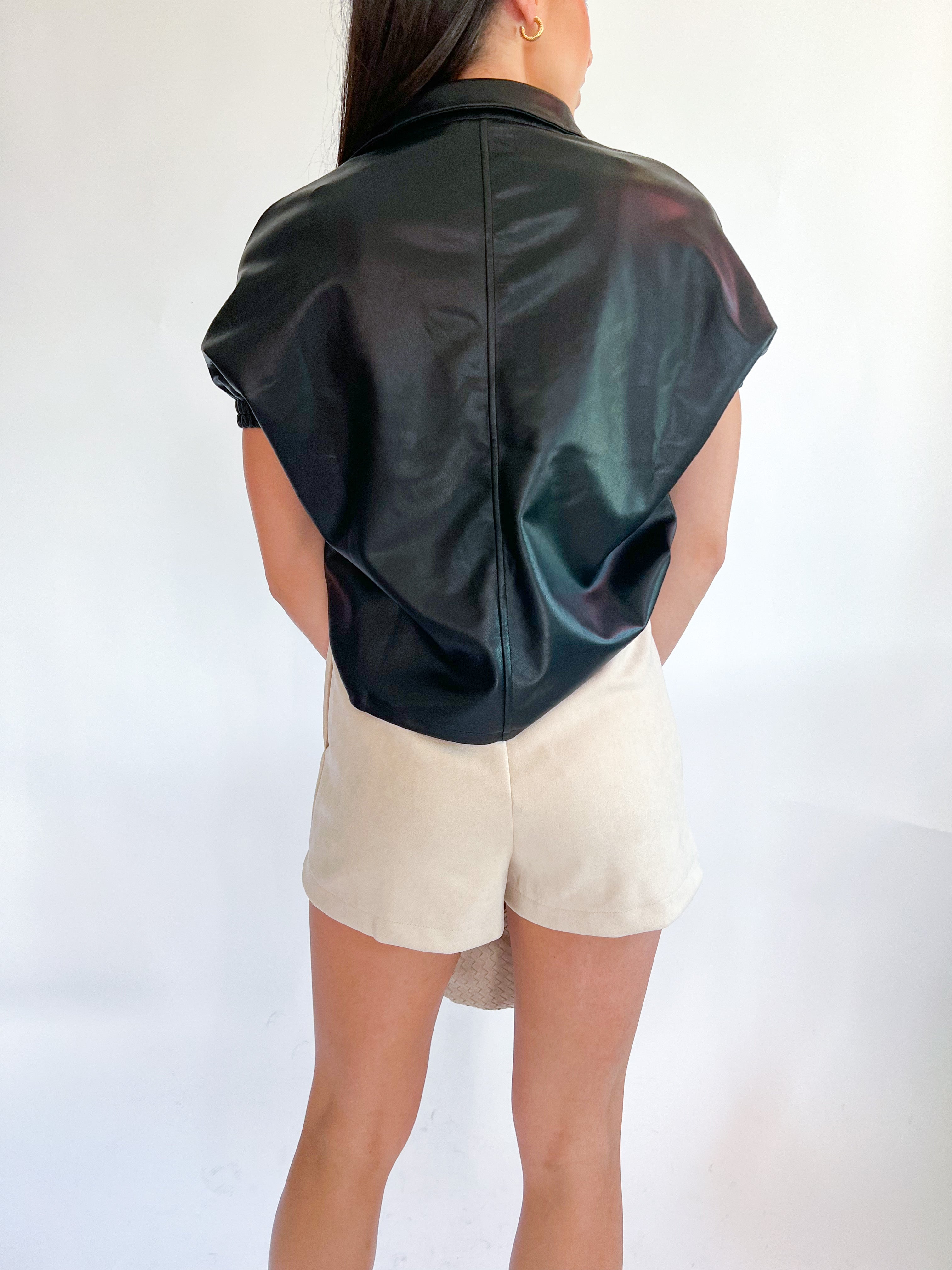 Short Sleeve V-Neck Faux Leather Top