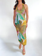 Multicolor abstract print halter midi dress with side slit