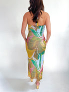 Multicolor abstract print halter midi dress with side slit