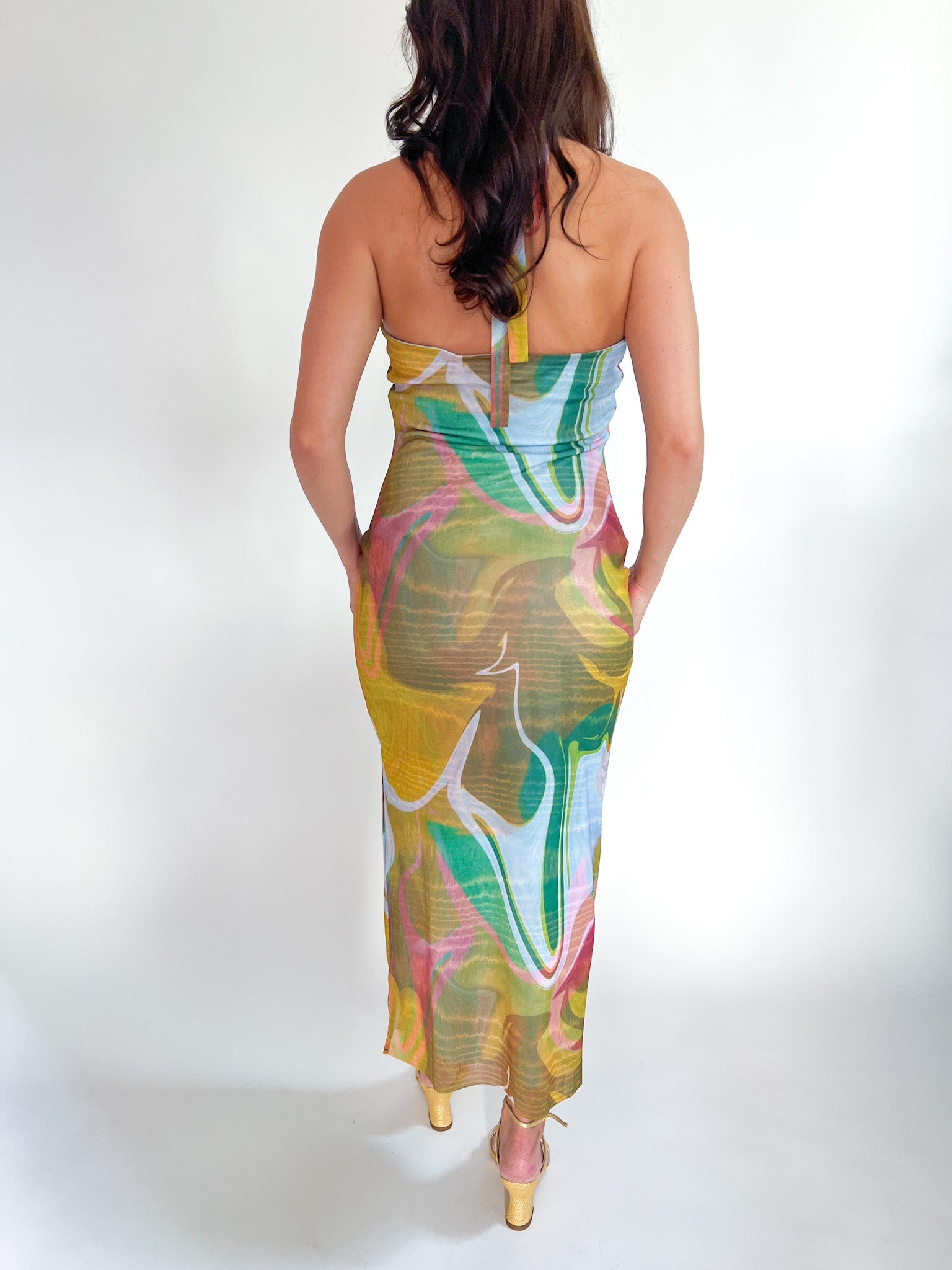 Multicolor abstract print halter midi dress with side slit