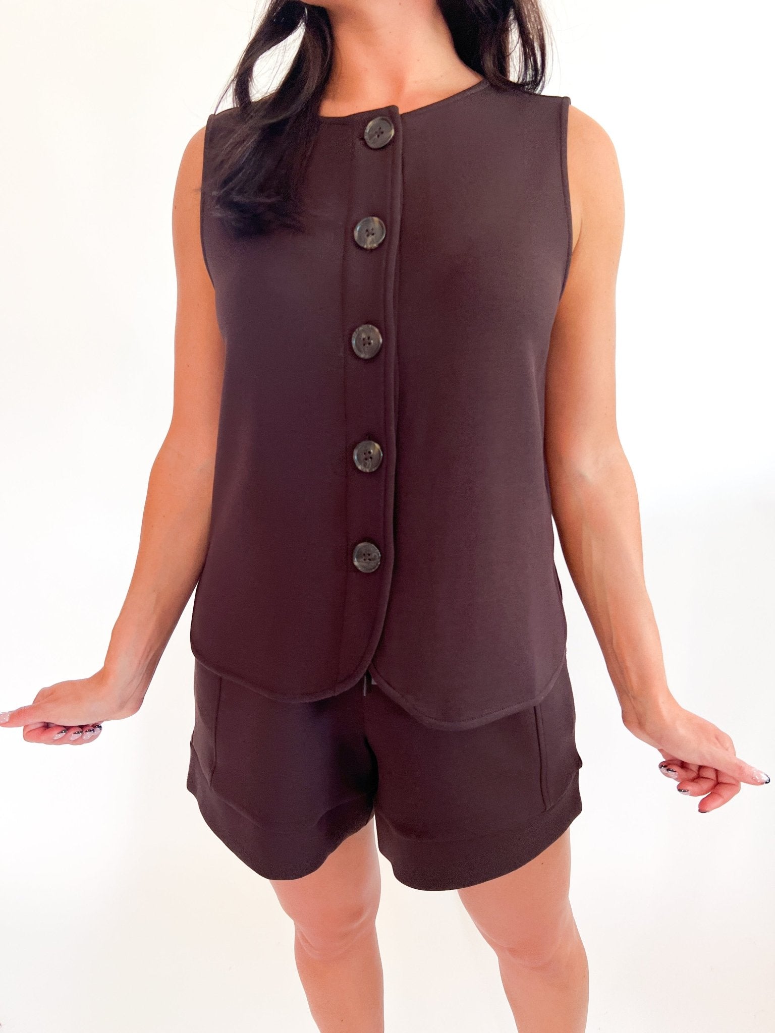 Coffee bean brown button down tank with curved hem