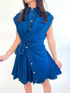 Blue denim mini shirt dress with tie waist