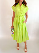 Yellow midi dress with collared neckline and tie belt