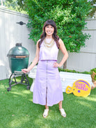 Purple denim midi skirt with front zipper