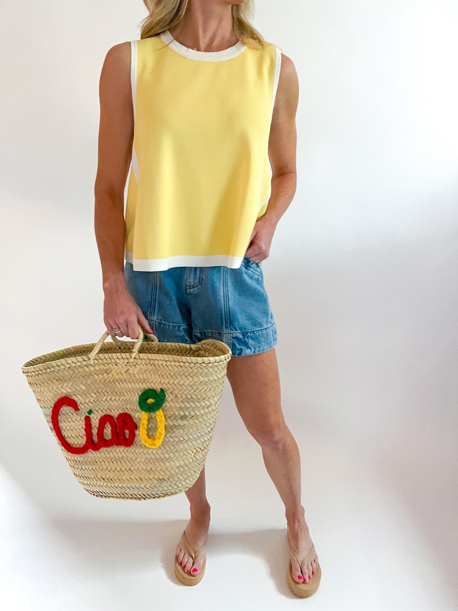 Yellow swing top with contrast trim details