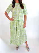Lemon Grove A-Line Skirt Set with geometric top and coordinating midi skirt in lime