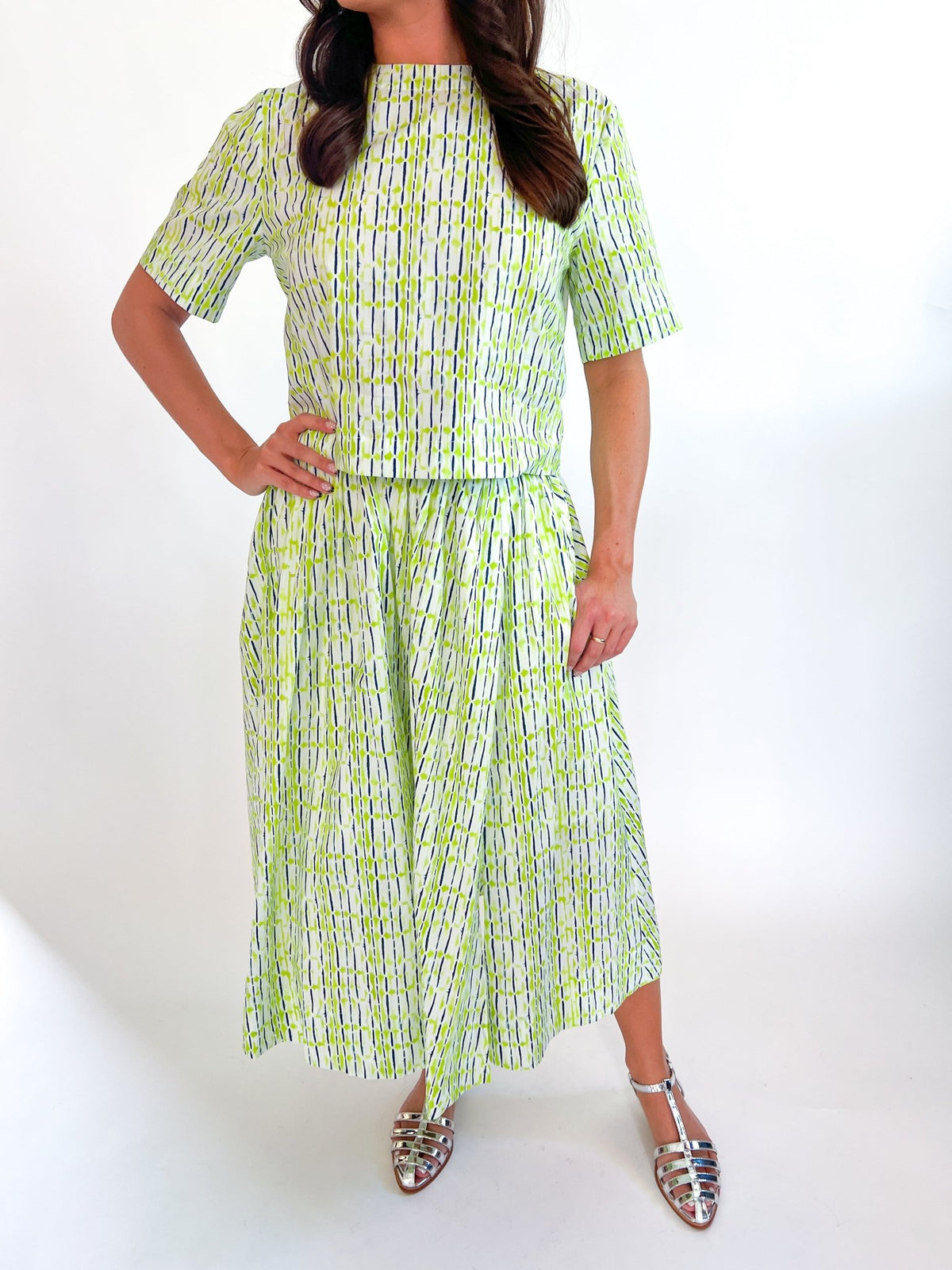 Lemon Grove A-Line Skirt Set with geometric top and coordinating midi skirt in lime
