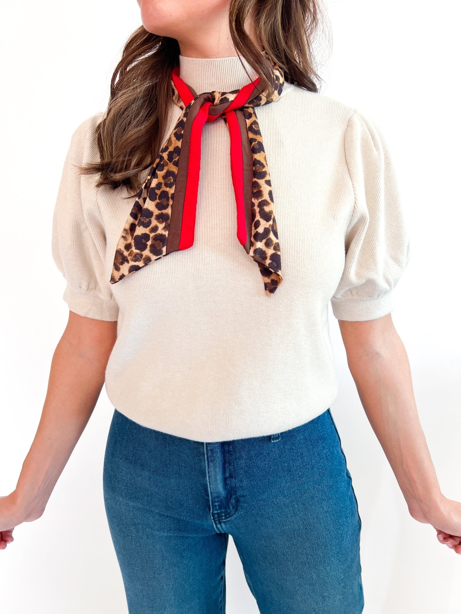 Leopard Scarf Puff Sleeve Sweater Top - Swoon Boutique New Orleans