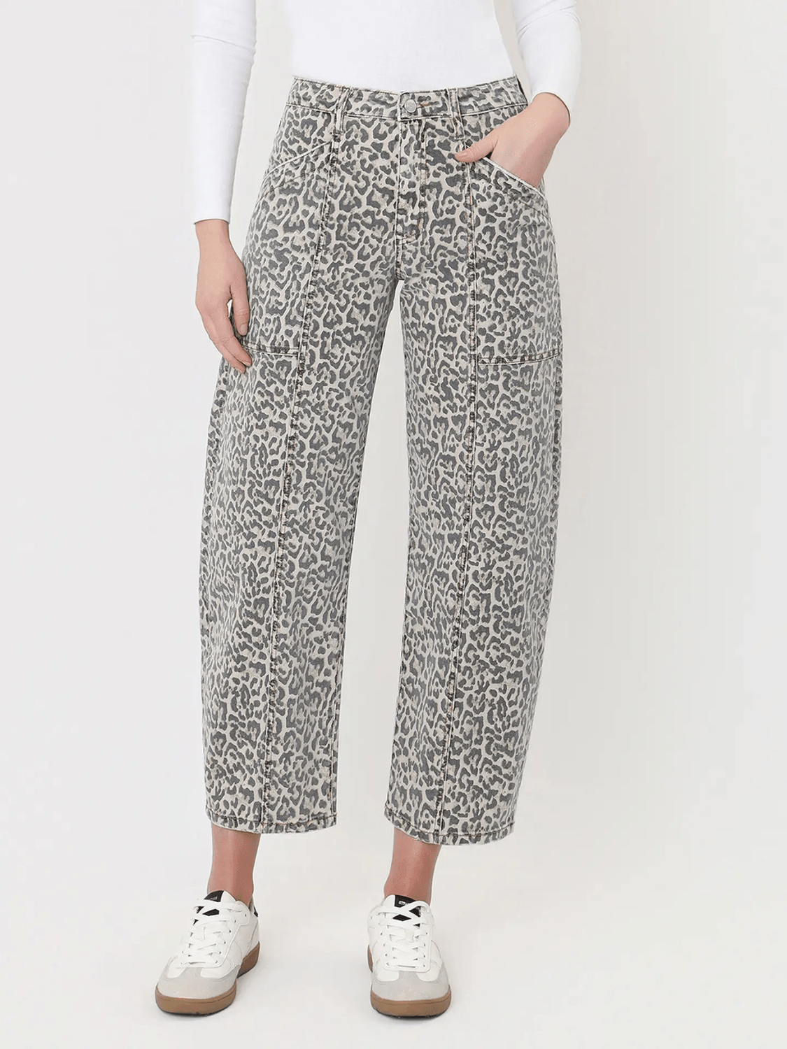 Leopard print barrel jeans with utility pockets