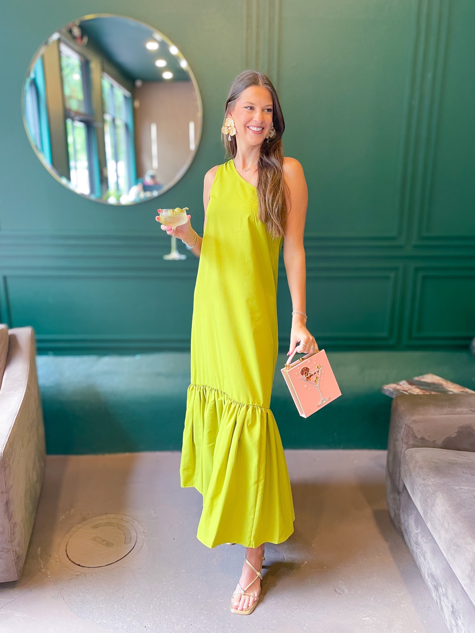 Lime Grove One-Shoulder Maxi Dress with ruffle detail in lime green