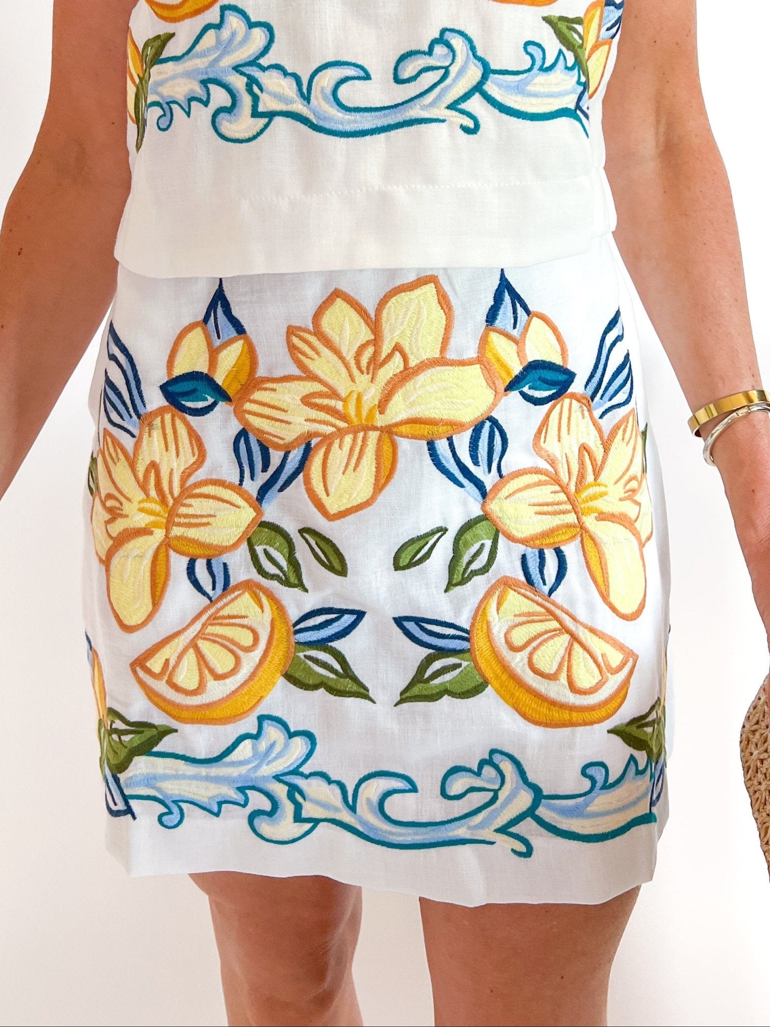 White floral embroidered mini skirt