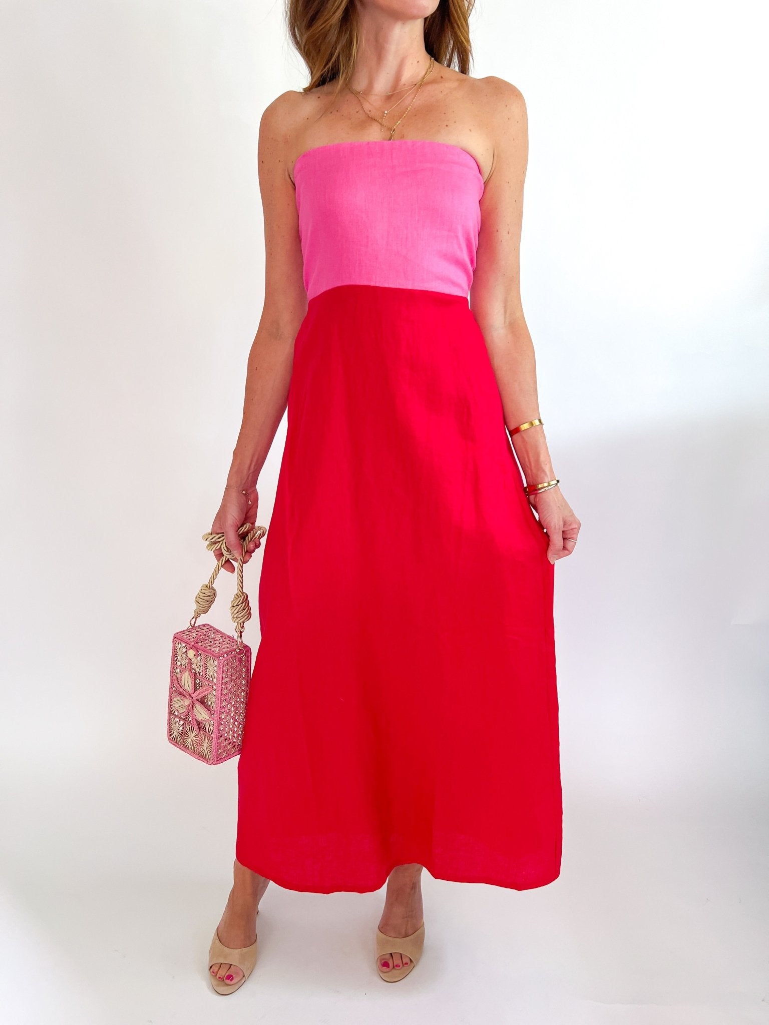 KARLIE Linen Colorblock Bustier Maxi Dress in vibrant red colorblock silhouette