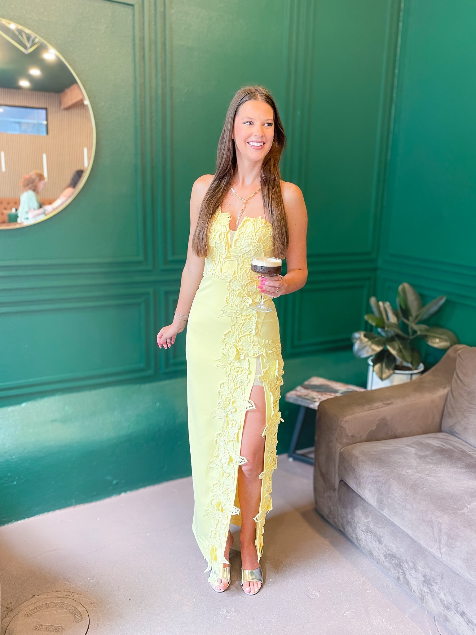 Low V Strapless Maxi Dress with front slit in yellow sleek strapless silhouette