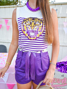 Purple sequin tiger graphic tank top