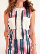 Navy and pink striped high-waisted shorts with relaxed fit