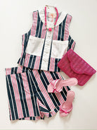 Navy and pink striped high-waisted shorts with relaxed fit