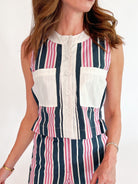 Navy and pink striped cropped top with button front