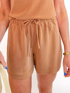 Brown 5-inch loungewear shorts with drawstring waist