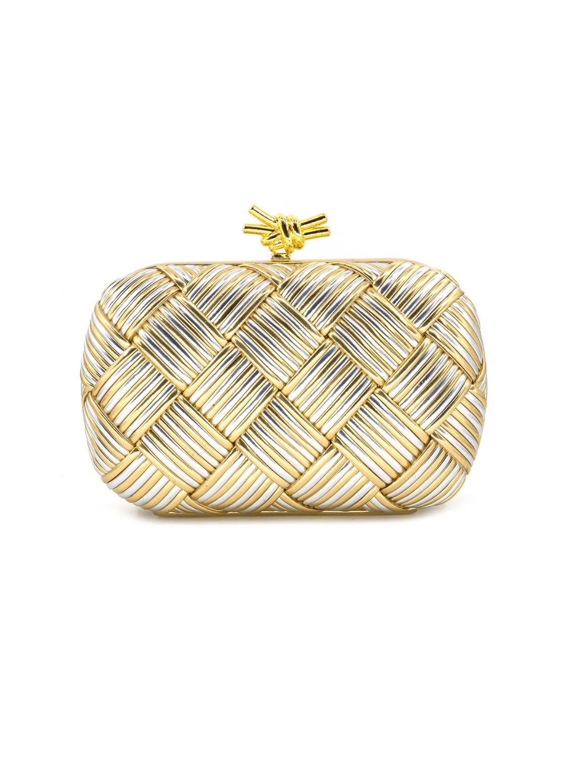 Metallic woven knot clutch with gold closure