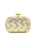 Metallic woven knot clutch with gold closure