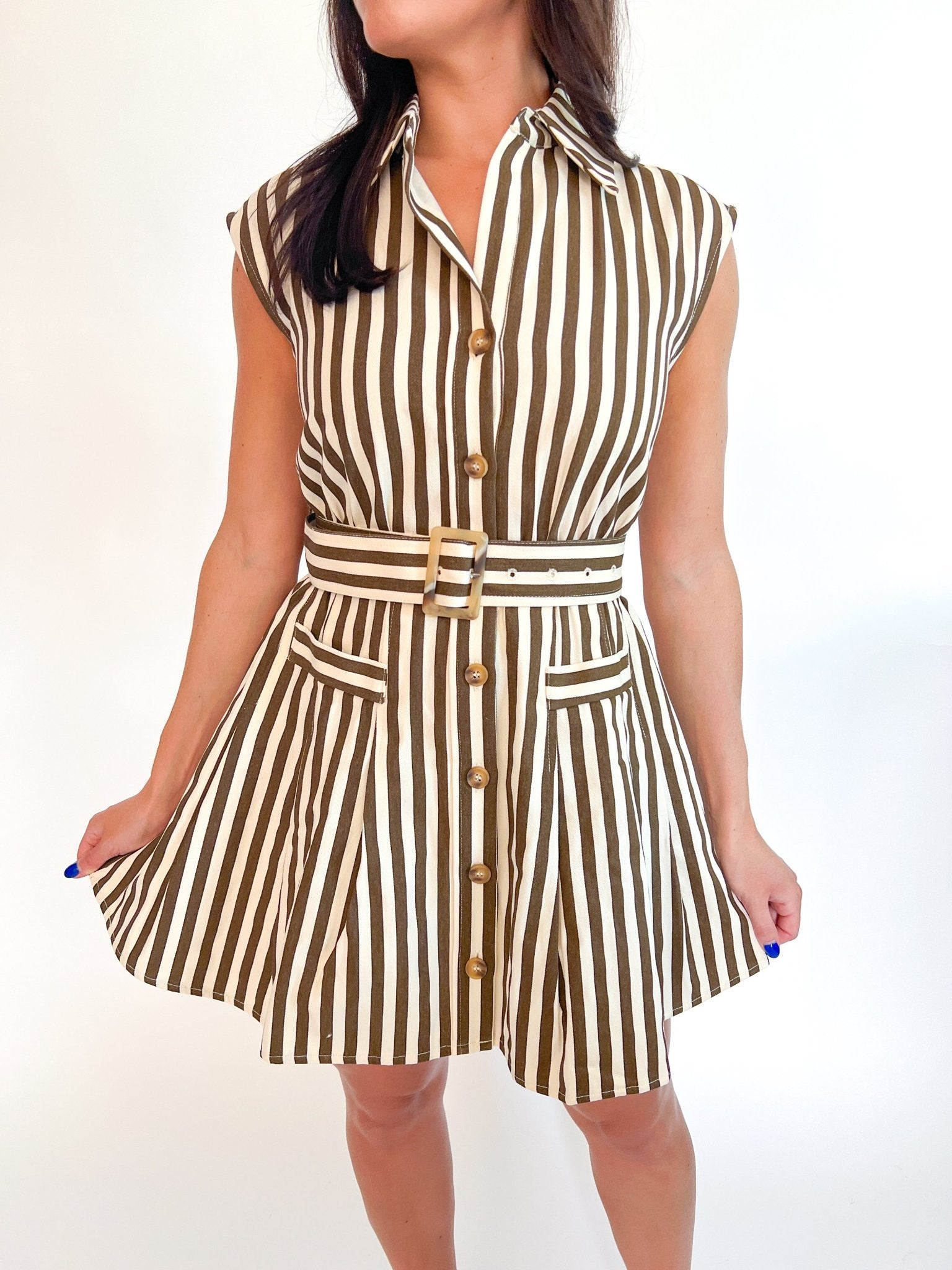 Brown striped mini dress with matching belt