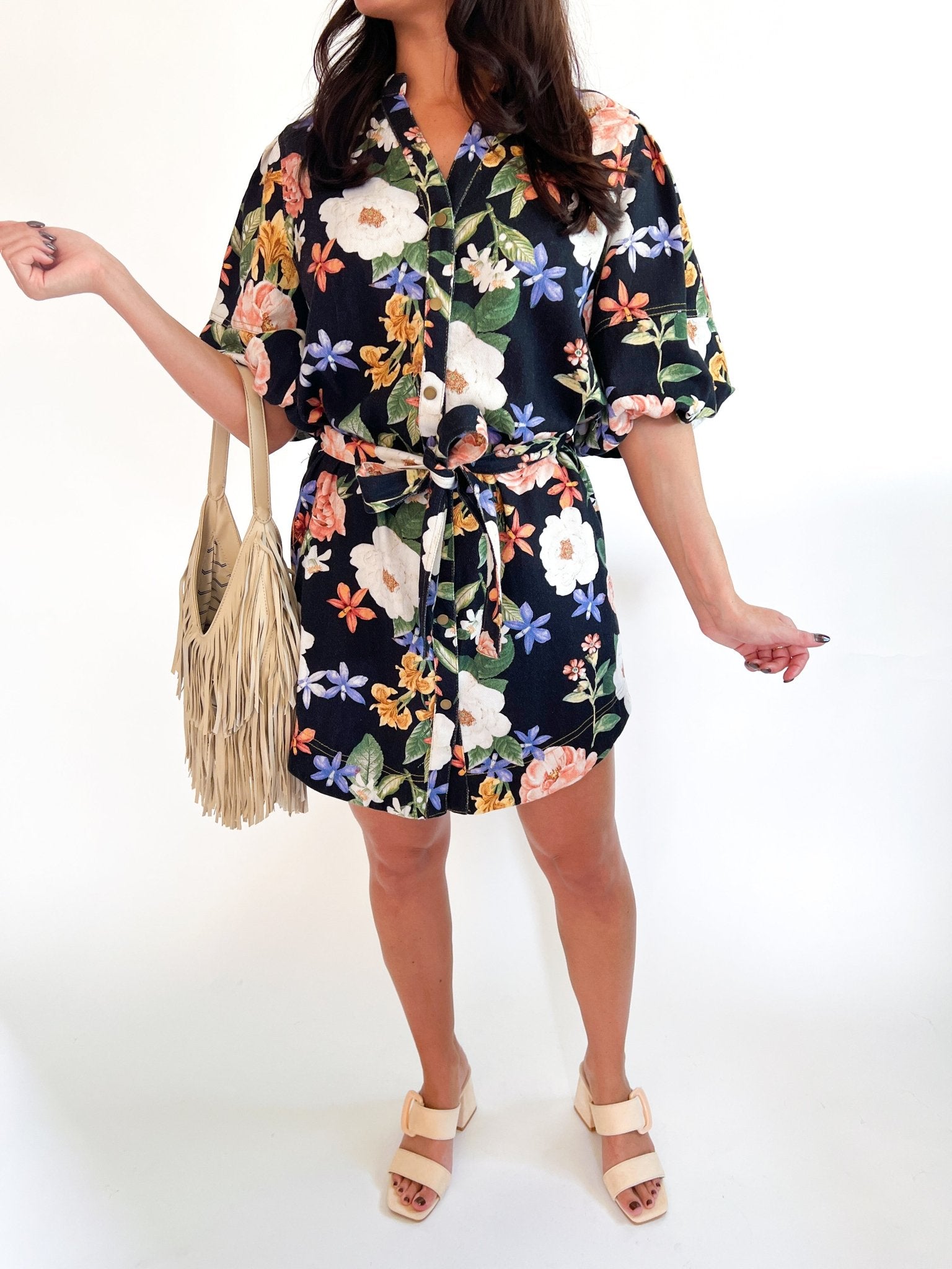 Midnight Garden Denim Mini Dress - Swoon Boutique New Orleans