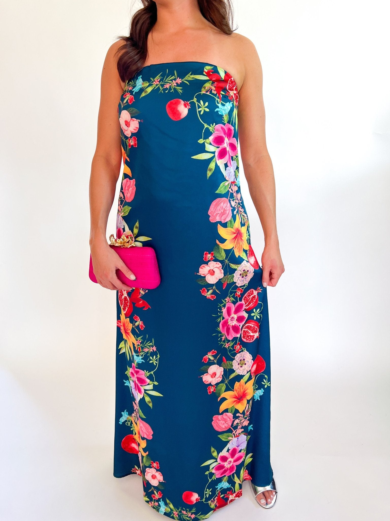 Navy strapless maxi dress with vibrant floral botanical border print