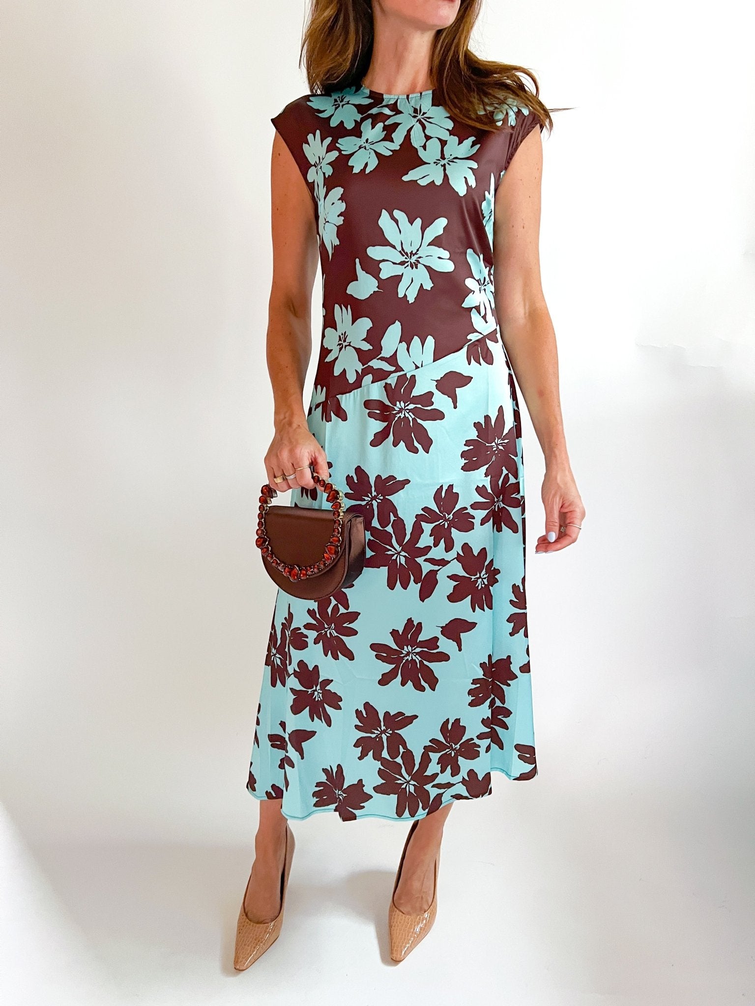 Brown floral midi dress with cap sleeves and color-block design
