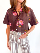 Brown floral short sleeve blouse