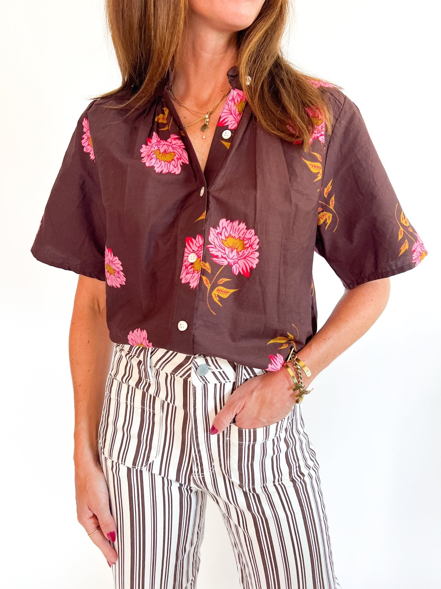 Brown floral short sleeve blouse