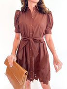 Brown button down mini dress with puff sleeves