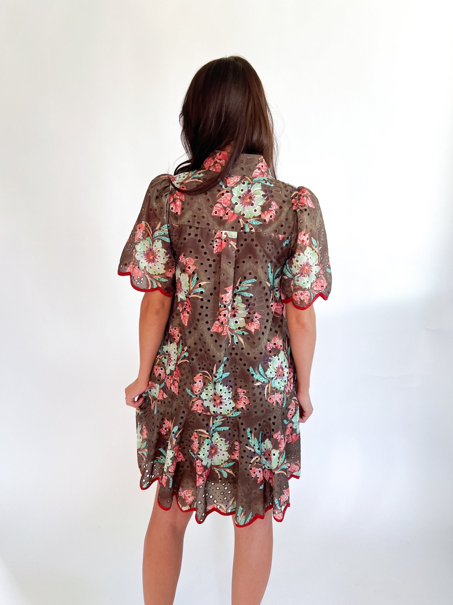 Mocha Floral Eyelet Mini Dress - Swoon Boutique New Orleans