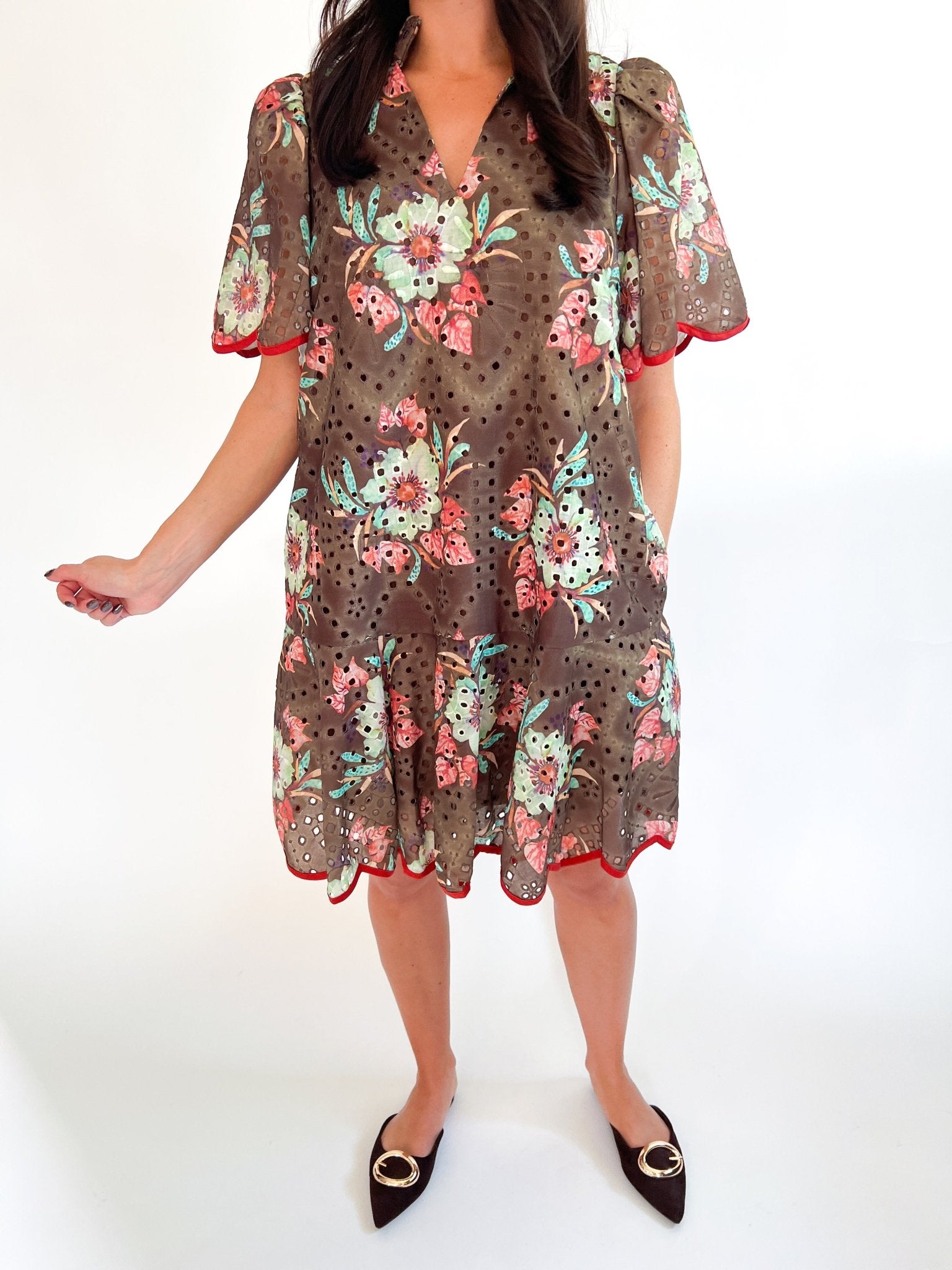 Mocha Floral Eyelet Mini Dress - Swoon Boutique New Orleans
