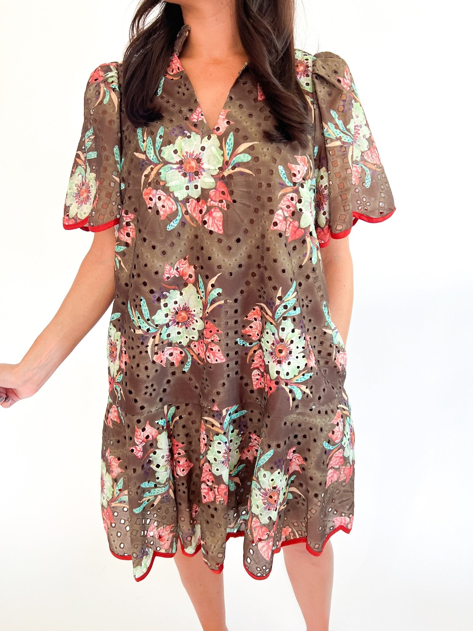 Mocha Floral Eyelet Mini Dress - Swoon Boutique New Orleans