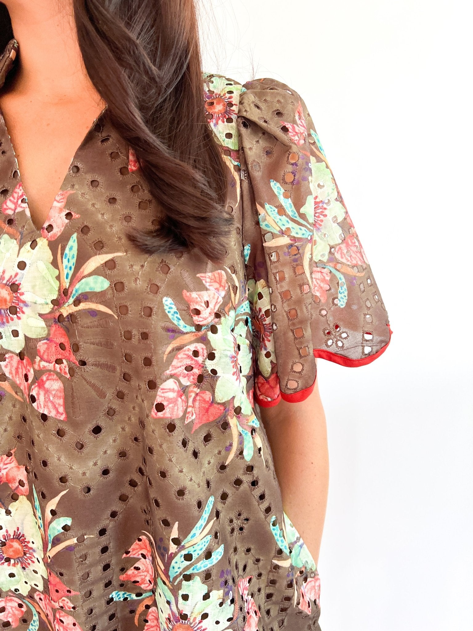 Mocha Floral Eyelet Mini Dress - Swoon Boutique New Orleans