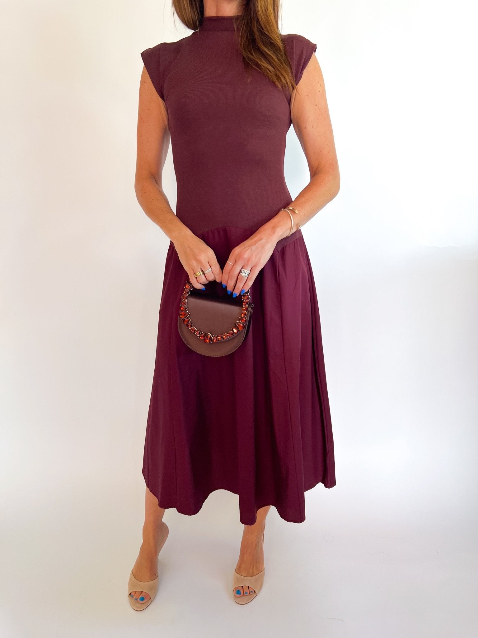 Red mock neck midi dress with cap sleeves