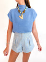 Blue mock neck sweater top with dolman sleeves