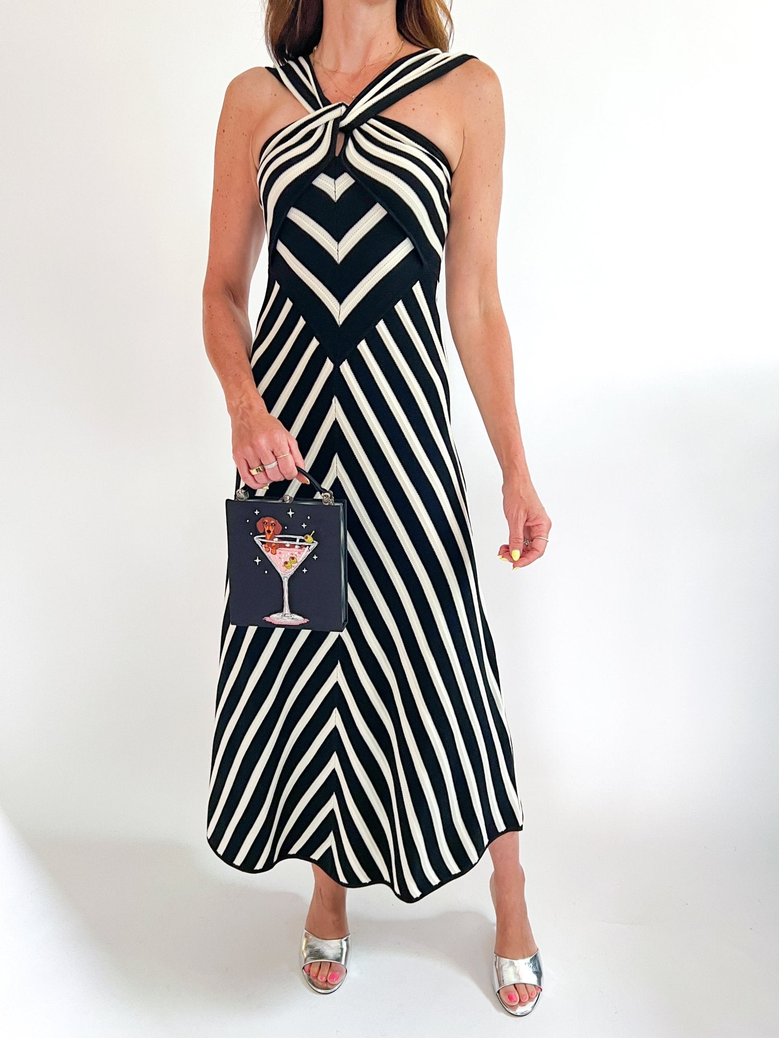 Black and white stripe twist-front sleeveless maxi dress